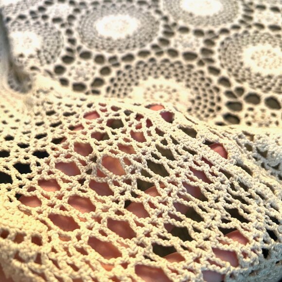 Crocheted Vintage Tablecloth-Handmade-Ivory/Cream-Approx. 68" x 108"-Rounded - Picture 8 of 10
